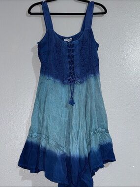 Lapogee Ombre Blue Tie-Dye Sundress with Lace-Up Front
